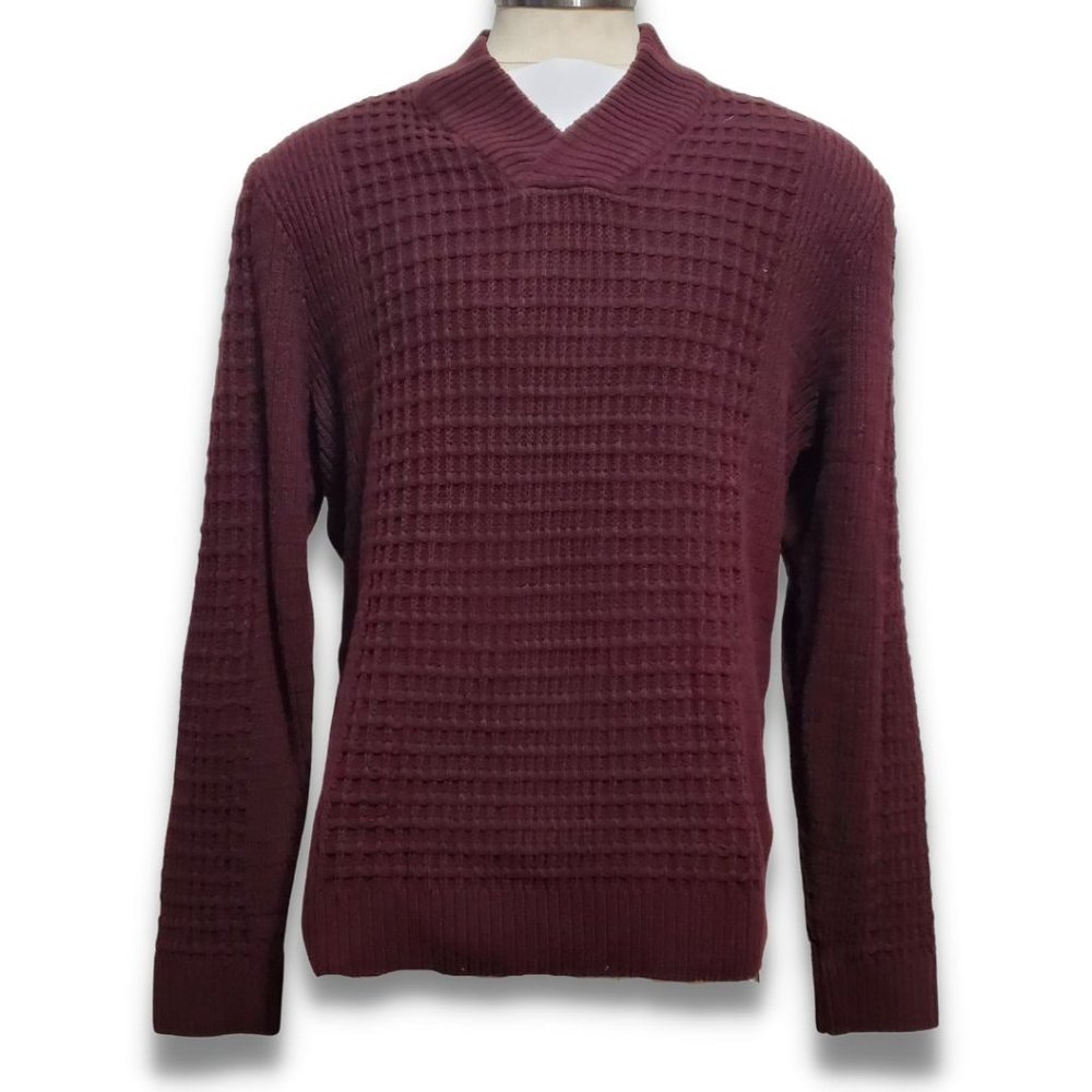 Alfani Men's Extra Large Maroon Cotton High Collar V-Neck Chunky Knit Sweater